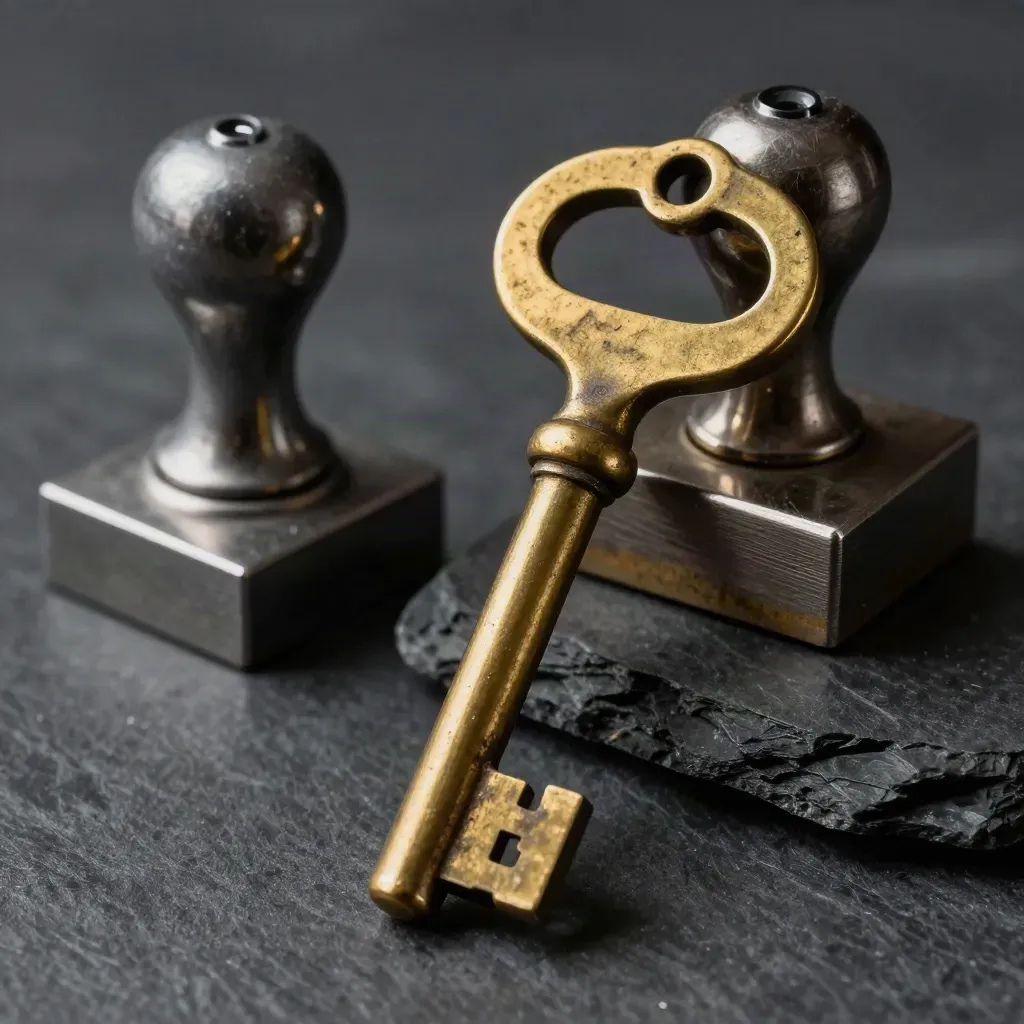 Brass vault key, paperweight, stamp base and ledger clasp on slate in dramatic finance still life.