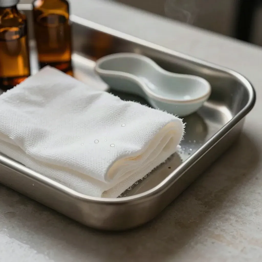 Macro still life of clinical tools, amber vials, gauze, and a kidney dish on brushed metal.