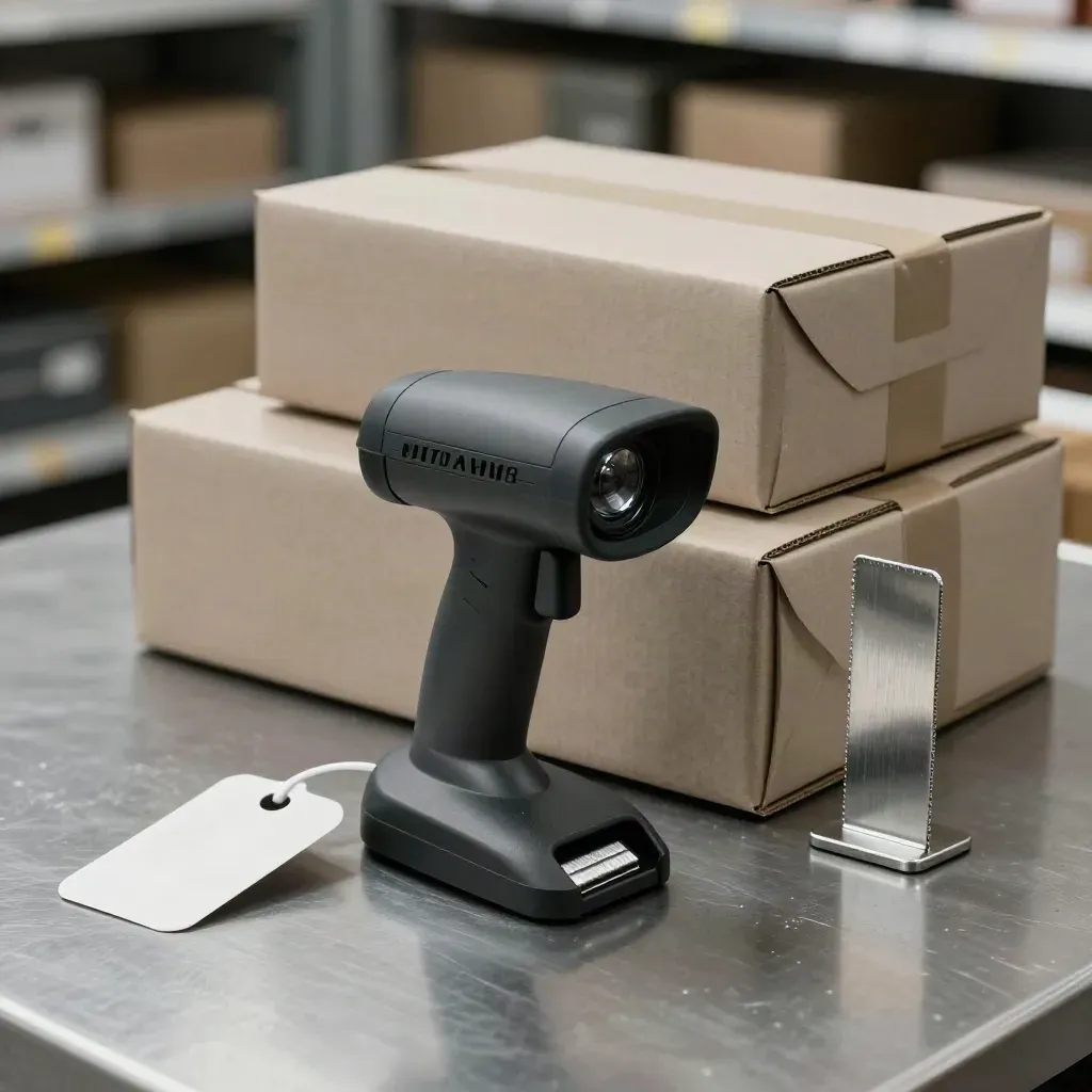 Barcode scanner dock, anti-theft tag, parcel cartons and ticket spike on brushed metal.