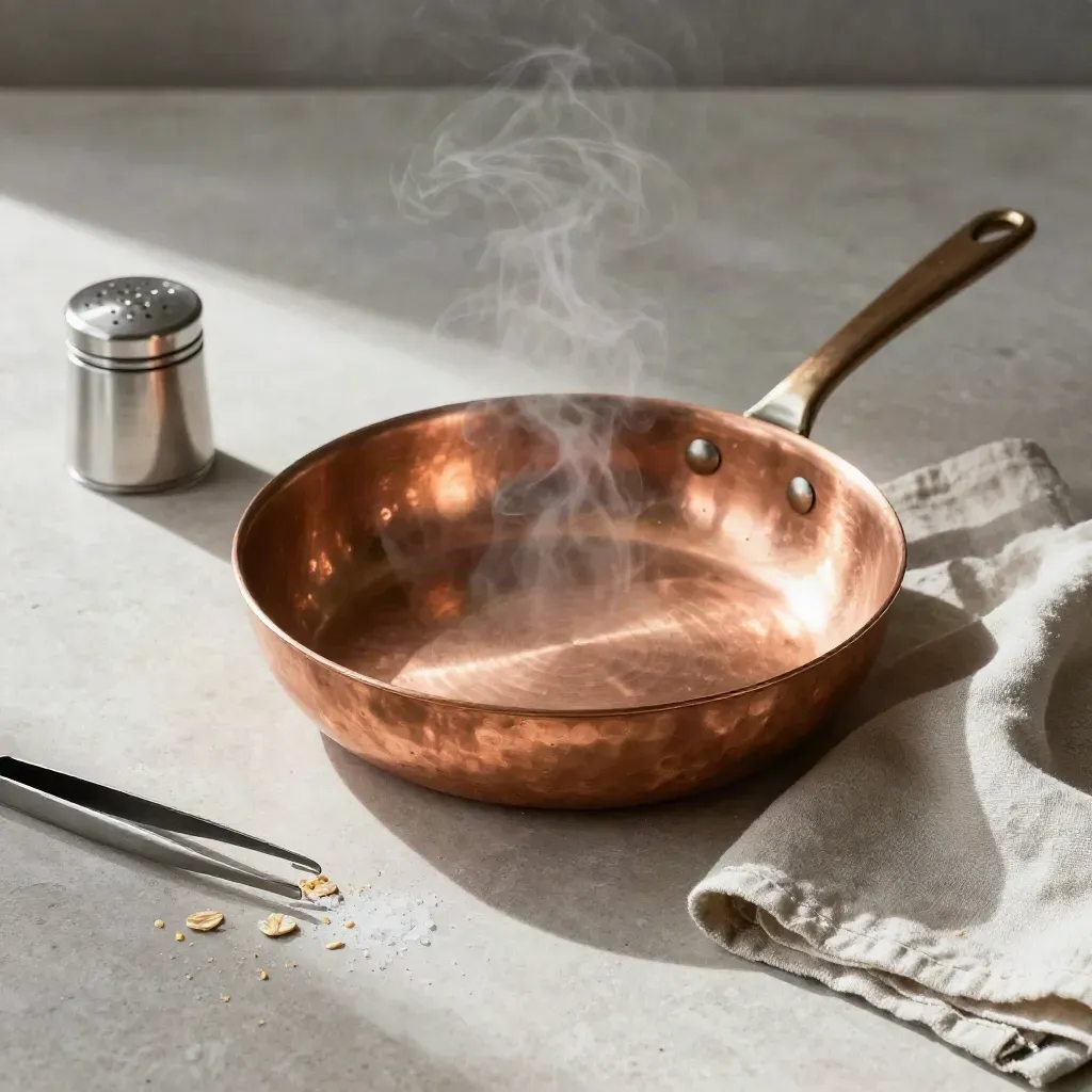 Copper sauté pan with salt cellar, tweezers and linen on pale stone, steam rising.