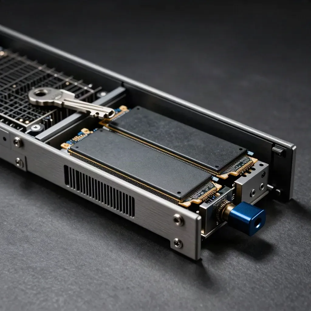 Macro of a server caddy, two NVMe cartridges and a cooling block on graphite metal.