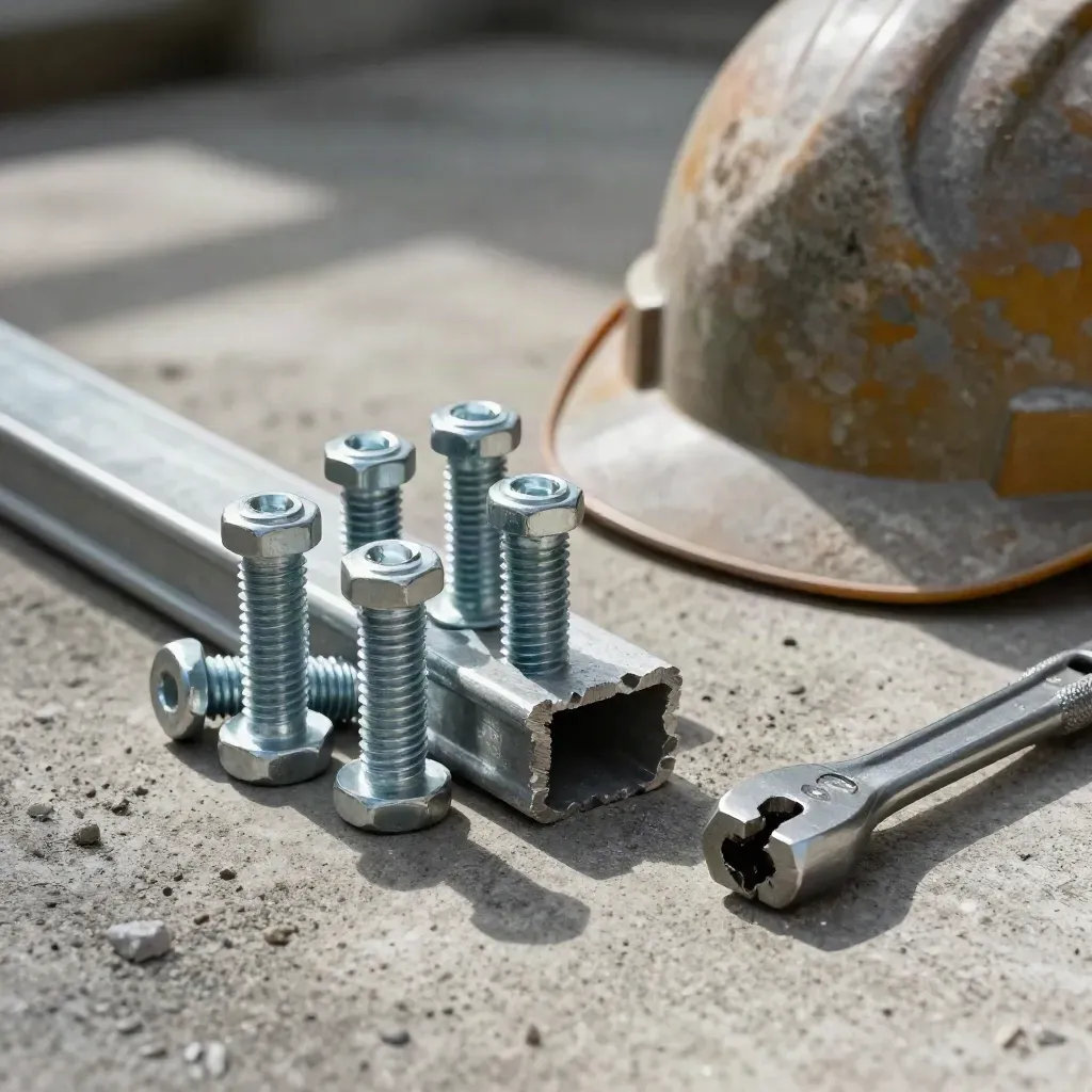 Construction bolts, beam offcuts, a hard hat and torque wrench on dusty concrete