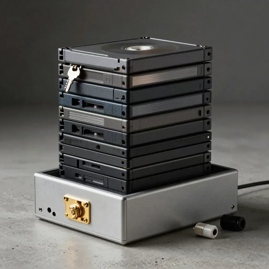 Stacked backup cartridges, dock and archive case on pale concrete in dramatic studio light.