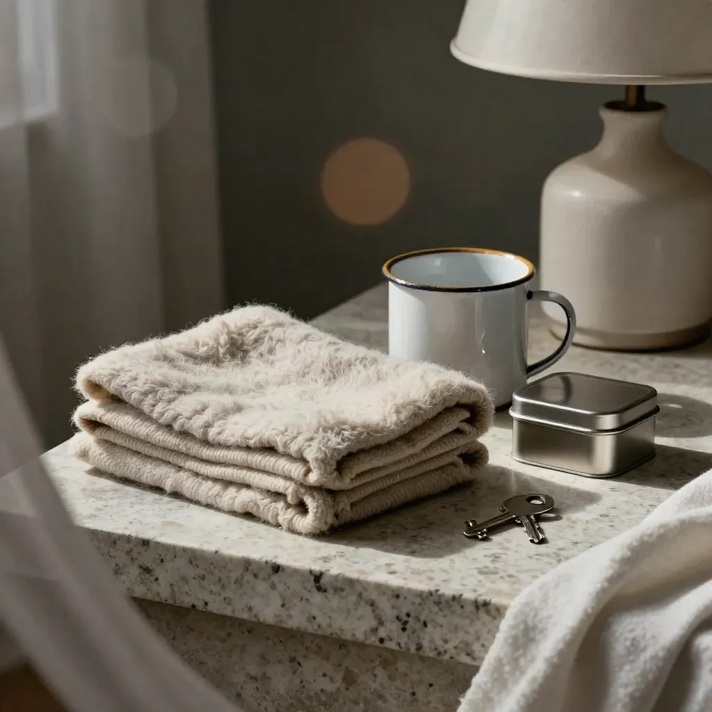 Care kit still life with throw, enamel mug, medication tin, and lamp base on stone.