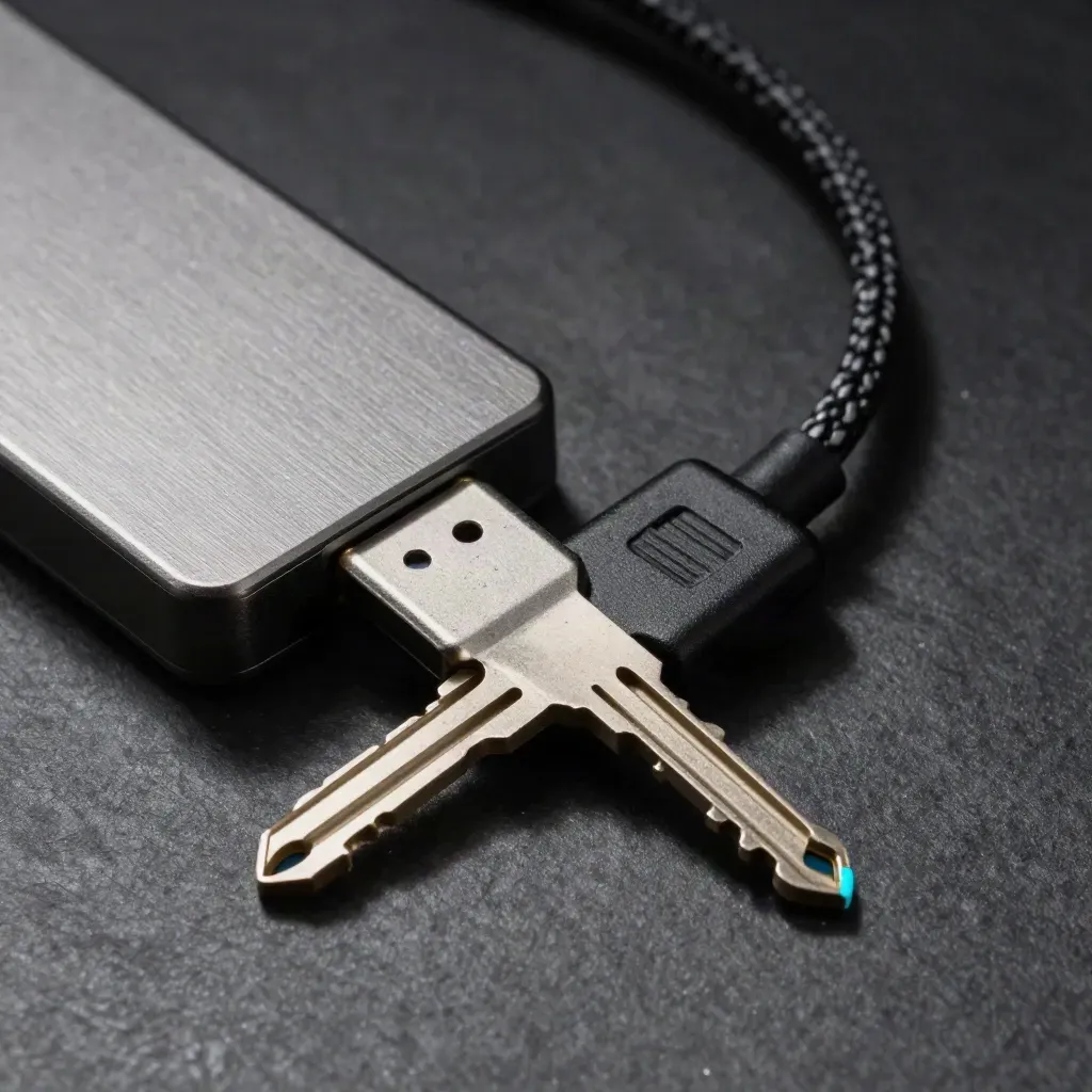 Encrypted SSD, two USB-C keys and braided cable on graphite stone under hard light.