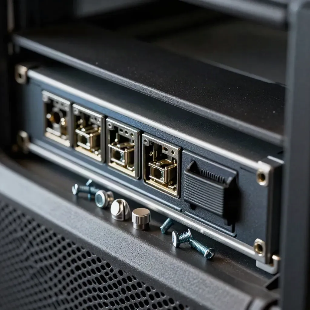 Macro of server upgrade parts on a shelf: blanking plates, SFPs, and a drive sled