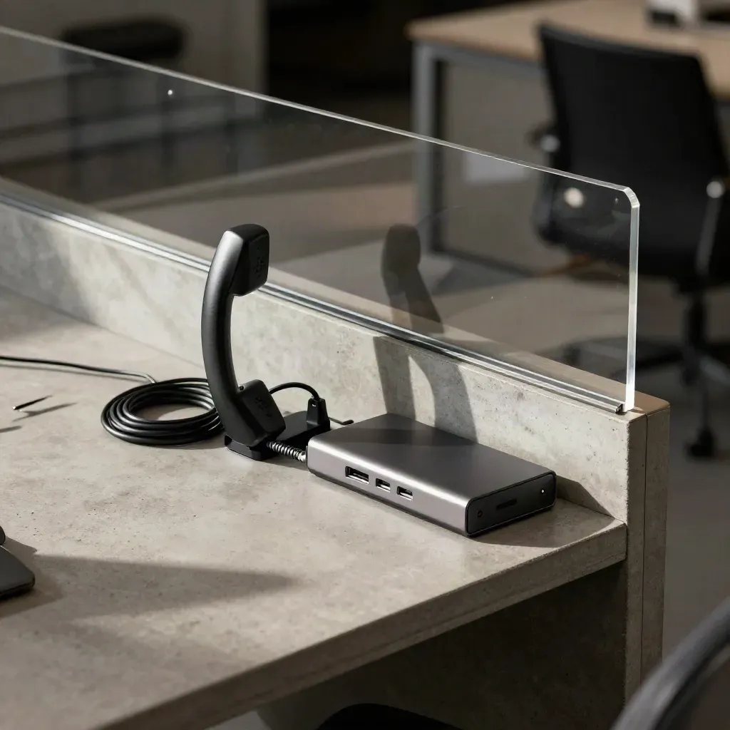 Premium office support still life with handset, USB hub, cable caddy and file tray behind acrylic.