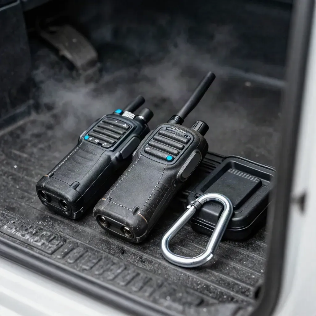 Field radio kit with cable caps, carabiner and cradle inside a van