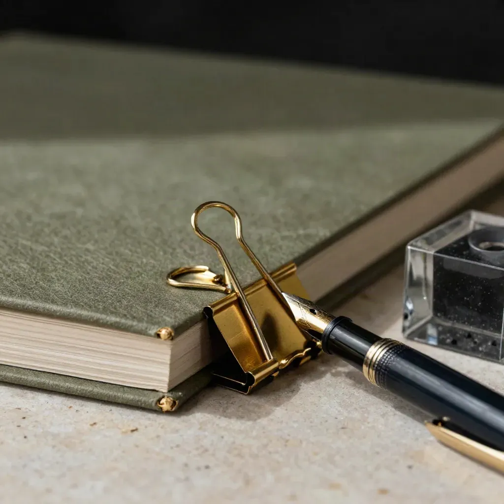 Brass clips, closed folio, fountain pen and paperweight on limestone under raking light.
