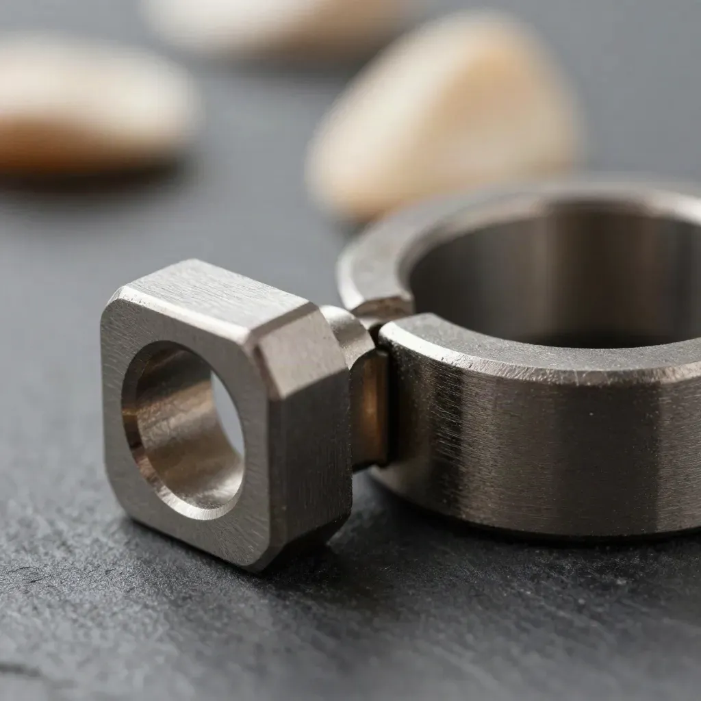 Macro of machined rings and modular blocks locking together on matte slate.