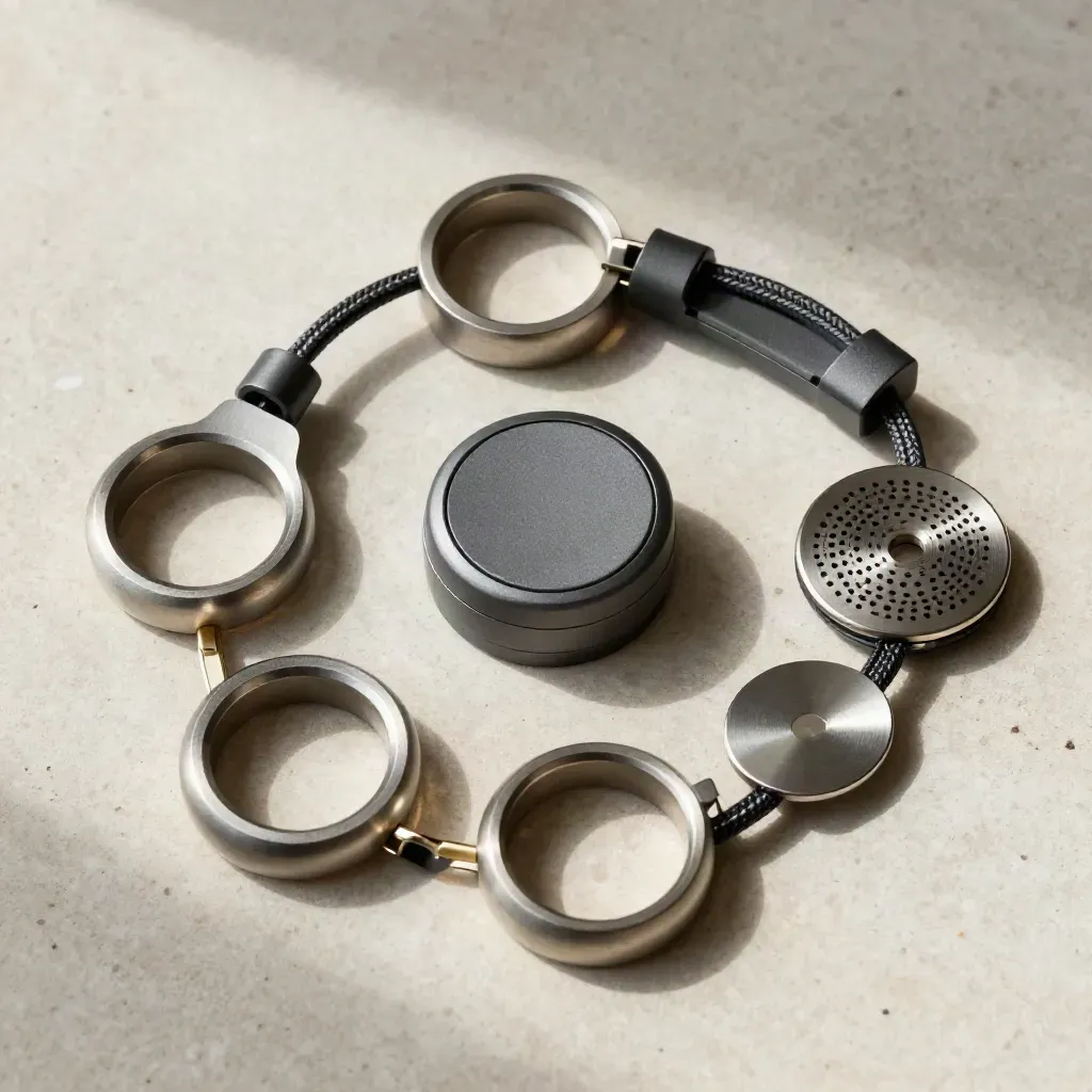 Overhead still life of metal rings, sensor puck, perforated disc and cable on pale stone