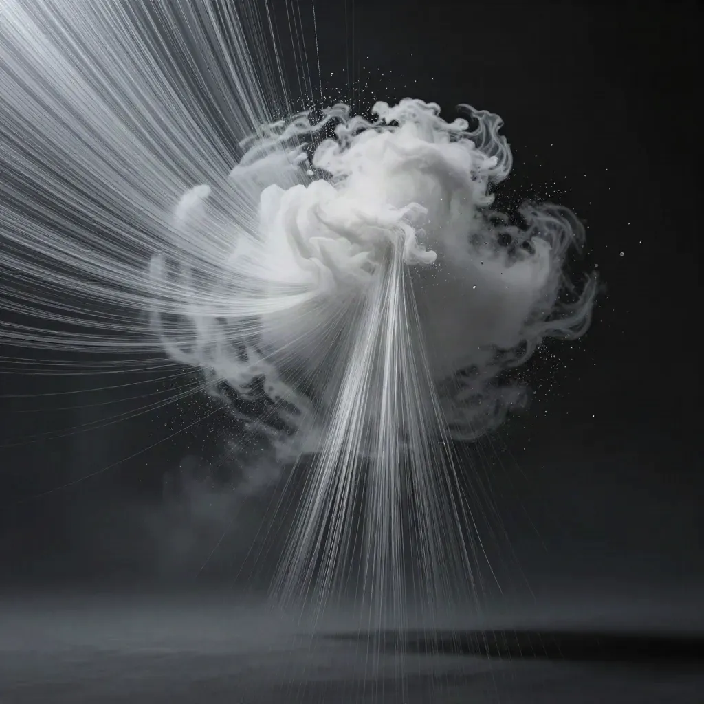 Silver filaments converge into a soft off-centre bloom in a dark misty void.