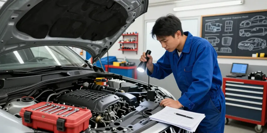 Mechanic examining car engine in workshop using car parts guides for diagnostics